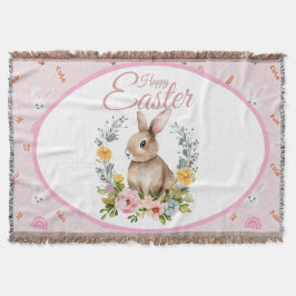 Cute Watercolor Bunny Floral Wreath Easter スローブランケット