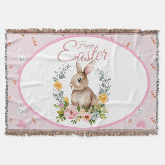Cute Watercolor Bunny Floral Wreath Easter スローブランケット