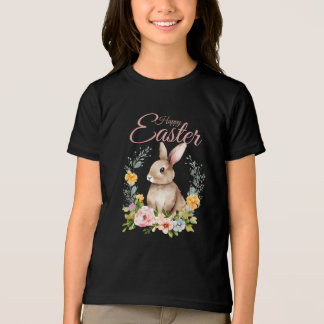 Cute Watercolor Bunny Floral Wreath Easter トライブレンドＴシャツ