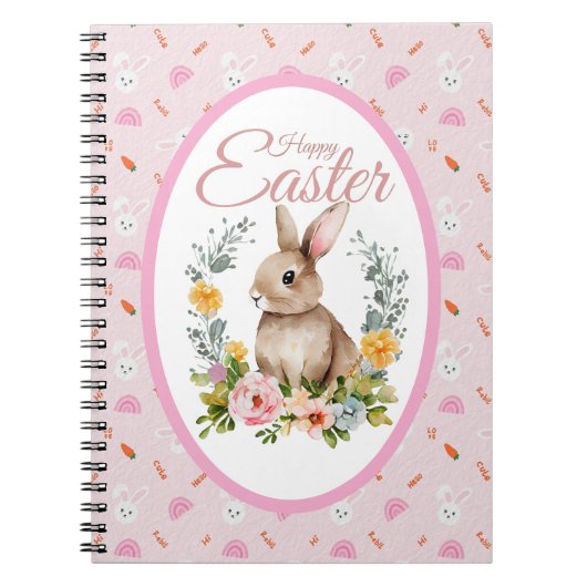 Cute Watercolor Bunny Floral Wreath Easter ノートブック (正面)
