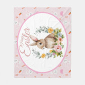 Cute Watercolor Bunny Floral Wreath Easter フリースブランケット (正面)