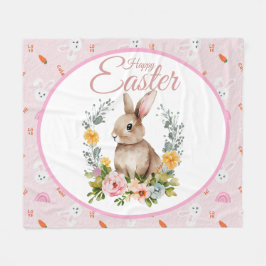 Cute Watercolor Bunny Floral Wreath Easter フリースブランケット