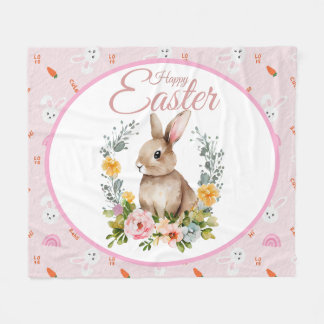 Cute Watercolor Bunny Floral Wreath Easter フリースブランケット