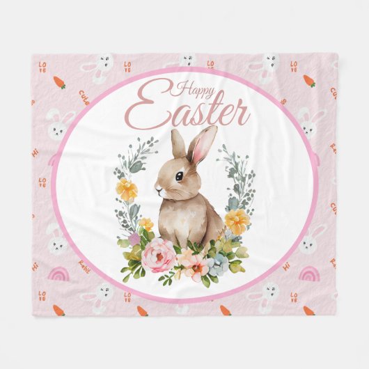 Cute Watercolor Bunny Floral Wreath Easter フリースブランケット (正面(横))