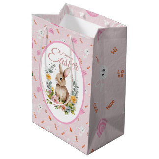 Cute Watercolor Bunny Floral Wreath Easter ミディアムペーパーバッグ