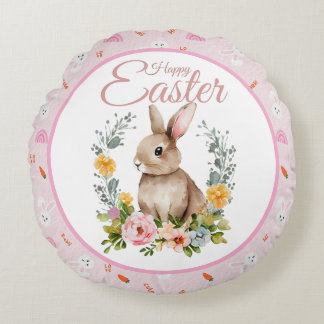 Cute Watercolor Bunny Floral Wreath Easter ラウンドクッション
