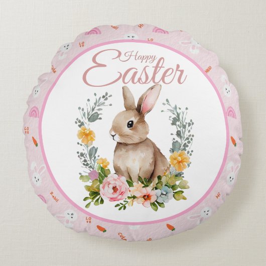Cute Watercolor Bunny Floral Wreath Easter ラウンドクッション (正面)
