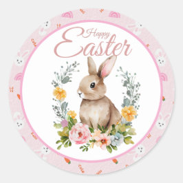 Cute Watercolor Bunny Floral Wreath Easter ラウンドシール