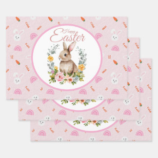 Cute Watercolor Bunny Floral Wreath Easter ラッピングペーパーシート