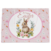 Cute Watercolor Bunny Floral Wreath Easter ラージペーパーバッグ (正面)