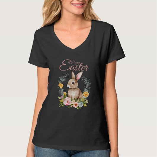 Cute Watercolor Bunny Floral Wreath Easter Tシャツ (正面)