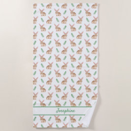Cute Watercolor Bunny Pattern With Custom Name ビーチタオル