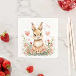 Cute Watercolor Bunny Pink Hearts Floral Woodland  スタンダードカクテルナプキン