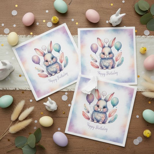 Cute Watercolor Bunny Rabbit Balloons Birthday  スタンダードカクテルナプキン