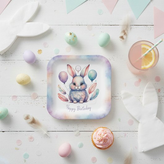Cute Watercolor Bunny Rabbit Balloons Birthday  ペーパープレート