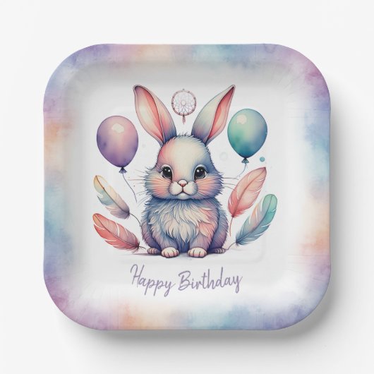 Cute Watercolor Bunny Rabbit Balloons Birthday  ペーパープレート (正面)