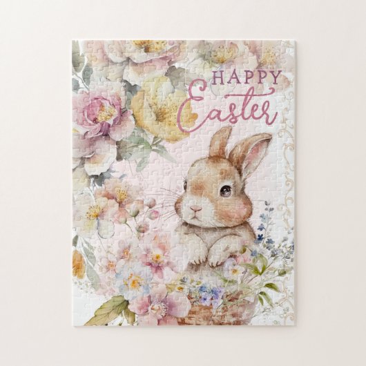Cute Watercolor Bunny | Spring Flowers  ジグソーパズル (縦)
