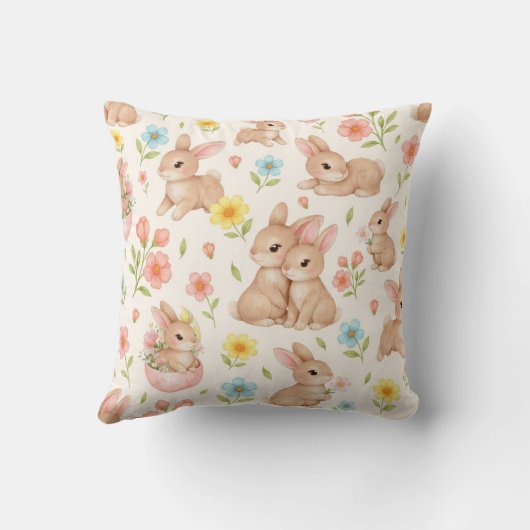 Cute Watercolor Bunny & Spring Flowers Pattern クッション (裏面)