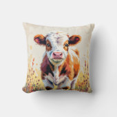 Cute Watercolor Calf In Field Flowers クッション (正面)
