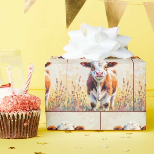 Cute Watercolor Calf In Field Flowers ラッピングペーパー (誕生日パーティー)