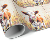 Cute Watercolor Calf In Field Flowers ラッピングペーパー (ロールコーナー)