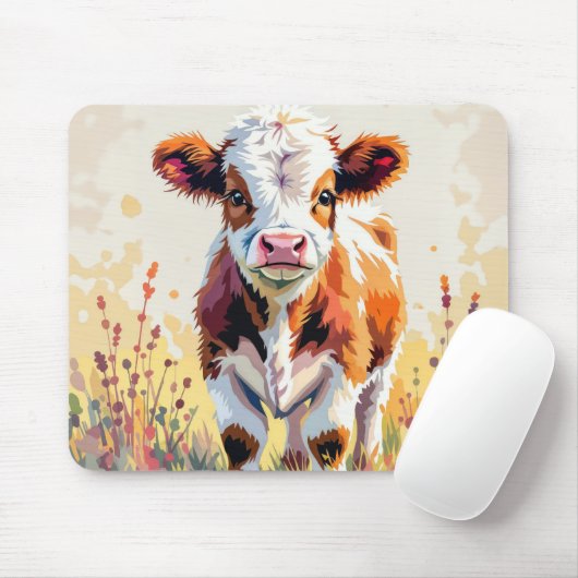 Cute Watercolor Calf In Field Weeds マウスパッド (マウス)