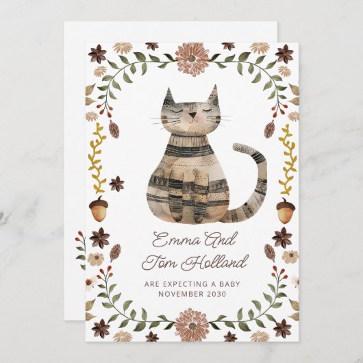 Cute Watercolor Cat Pregnancy 案内状 (正面/裏面)