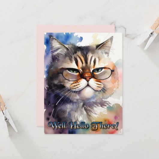 Cute Watercolor Cat Wearing Glasses Greeting Card 招待状 (正面/裏面インサイチュ)