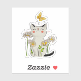 Cute Watercolor Cat with Daisies and Butterfly シール