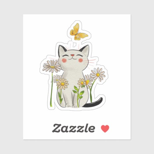 Cute Watercolor Cat with Daisies and Butterfly シール (シート)