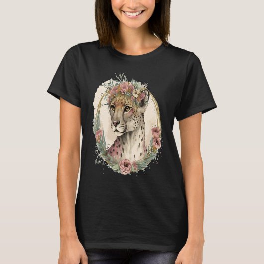 Cute Watercolor Cheetah Flower Crown Safari Animal Tシャツ (正面)