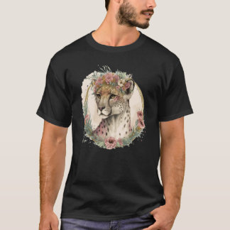 Cute Watercolor Cheetah Flower Crown Safari Animal Tシャツ