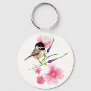 Cute Watercolor Chickadee Flower Art キーホルダー