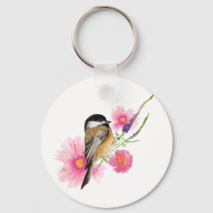 Cute Watercolor Chickadee Flowers Art キーホルダー