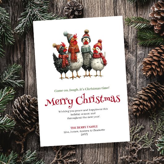 Cute Watercolor Chickens Christmas Greeting Card シーズンカード