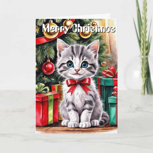 Cute Watercolor Christmas Cat Personalized Greetin カード (正面)