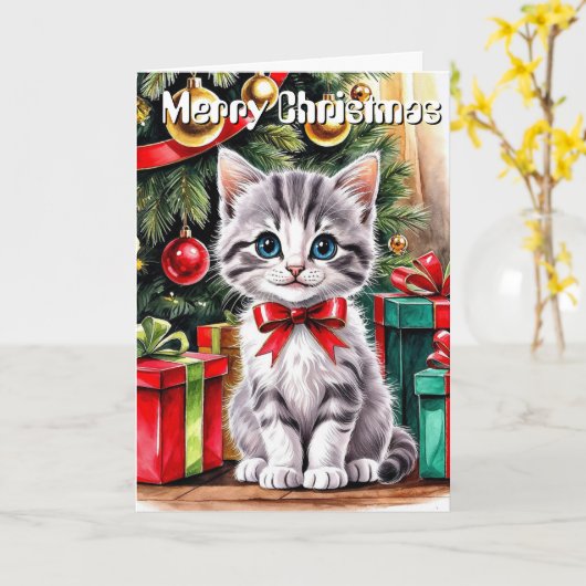 Cute Watercolor Christmas Cat Personalized Greetin カード (黄色い花)