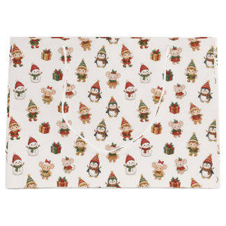Cute Watercolor Christmas Pattern - Elves Penguins ラージペーパーバッグ