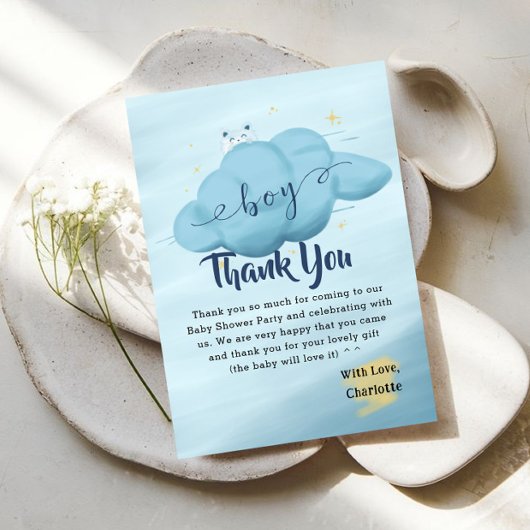 Cute Watercolor Cloud Baby Boy Shower サンキューカード