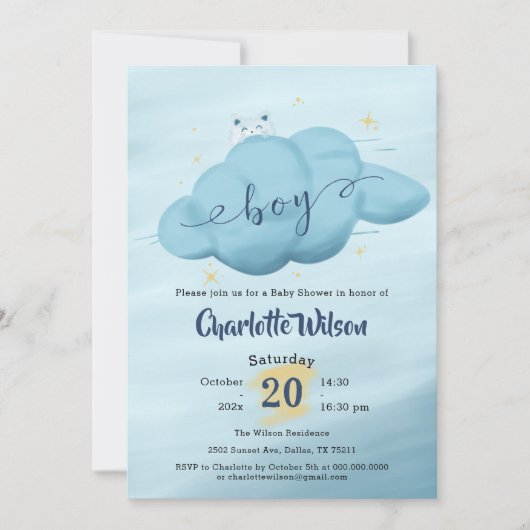 Cute Watercolor Cloud Baby Boy Shower 招待状 (正面)