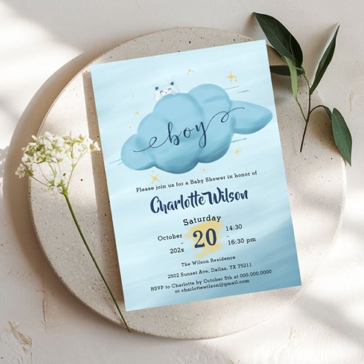Cute Watercolor Cloud Baby Boy Shower 招待状