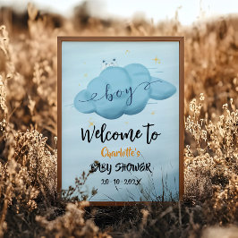 Cute Watercolor Cloud Baby Boy Shower Welcome ポスター
