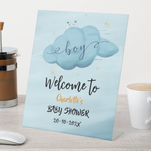 Cute Watercolor Cloud Baby Boy Shower Welcome 台座サイン (インサイチュ)