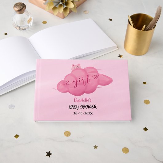 Cute Watercolor Cloud Baby Girl Shower Guest Book ゲストブック (正面見開き)