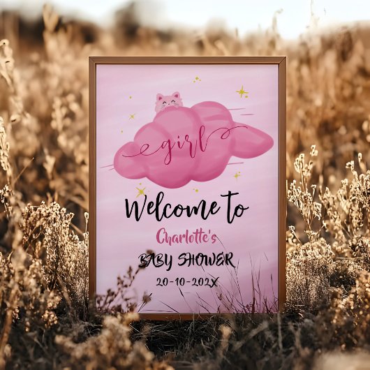 Cute Watercolor Cloud Baby Girl Shower Welcome ポスター