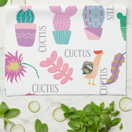 Cute watercolor cuctus and text cartoon Pink white キッチンタオル (折り畳み)