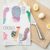 Cute watercolor cuctus and text cartoon Pink white キッチンタオル (四つ折り)