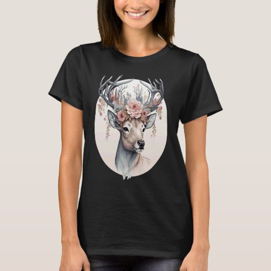 Cute Watercolor Deer Flower Crown Animal Tシャツ (正面)
