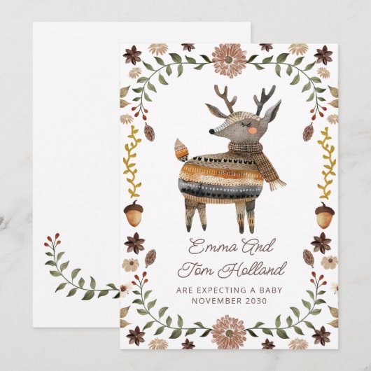 Cute Watercolor Deer Knitted Sweater Pregnancy 案内状 (正面/裏面)