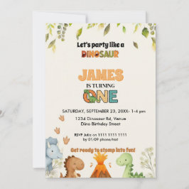 Cute Watercolor Dinosaur 1st Birthday Invitation 招待状